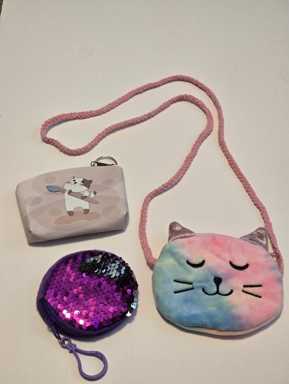 Set of 3 Plush Tie Dye Cat Crossbody Bag Purple Sequin Coin Purse Artist Cat
